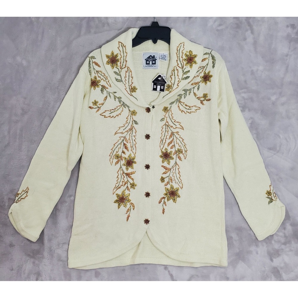 Storybook Knits Sweater S Baroque Glitter Cream Gold Leaf Floral Cardigan NWT